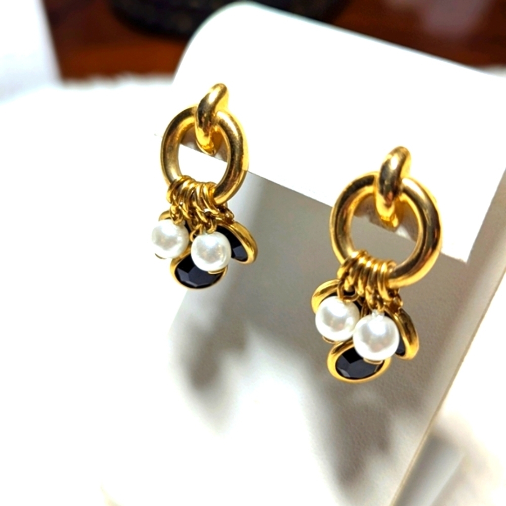 Elegant Goldtone, Black Crystal And Faux Pearl Pierced Dangle Earrings arrings
